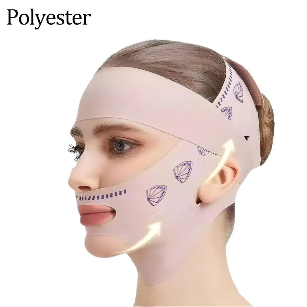 A light pink polyester face-lifting sleep mask with purple fan patterns worn on a woman's face.