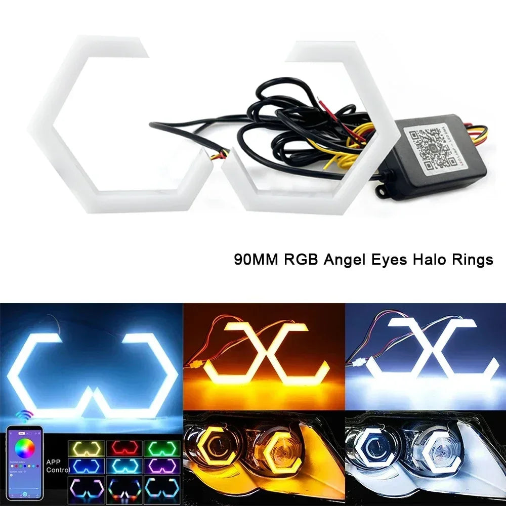 Hexagon LED Angel Eyes RGB Halo Rings for Headlight - Multi-Size 90mm Tidesmit