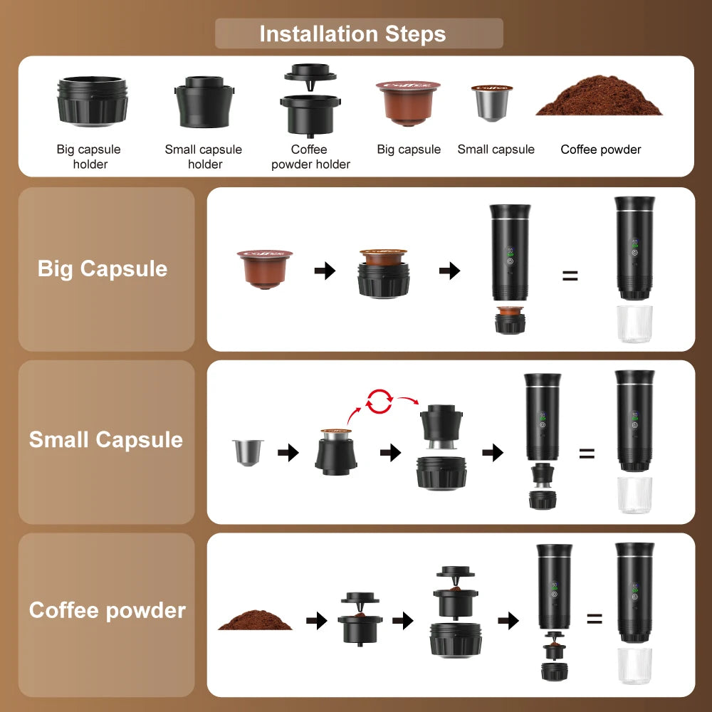 Portable espresso maker instruction guide showing parts for capsules, coffee powder, and assembly steps for brewing.