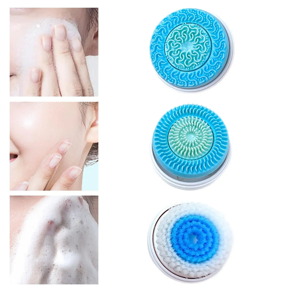 Three facial cleansing brush heads: one patterned silicone, one bristle silicone, and one soft nylon bristle brush.
