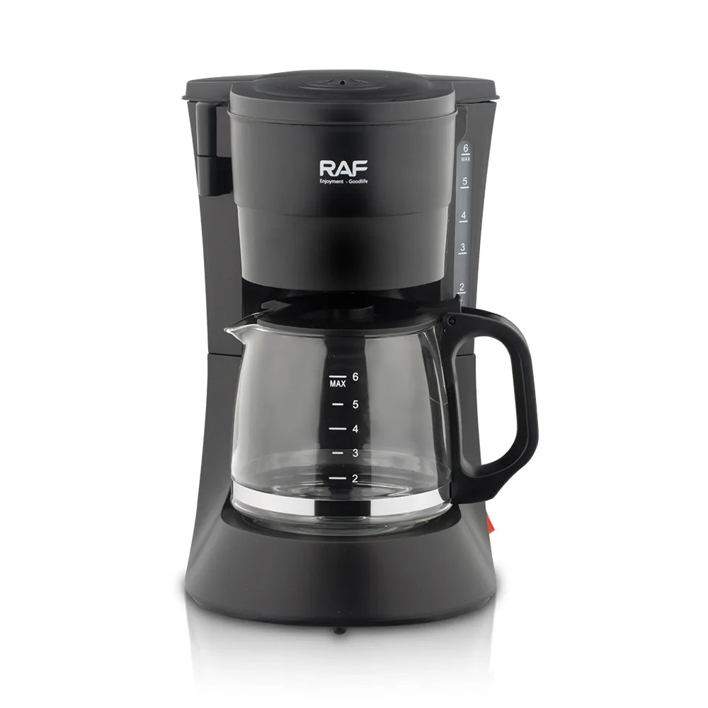 RAF black 6-cup drip coffee maker with glass carafe, featuring water level indicators on a sleek plastic base.