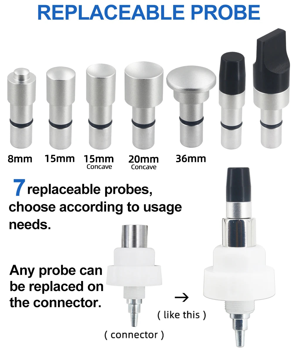 Set of 7 silver replaceable shockwave therapy machine massage probes and connector for pain relief physiotherapy.