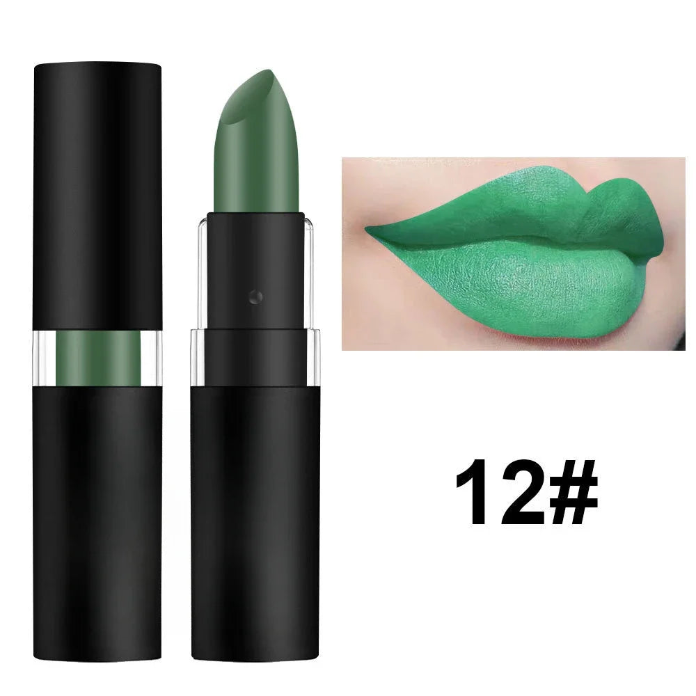 Matte green waterproof lipstick in black tube with swatch of bright green lipstick applied on lips.
