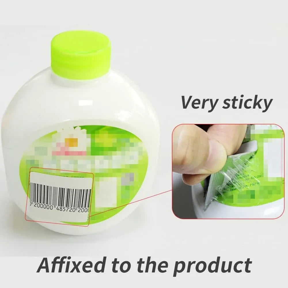 White barcode security label affixed to a bottle, showing adhesive placement