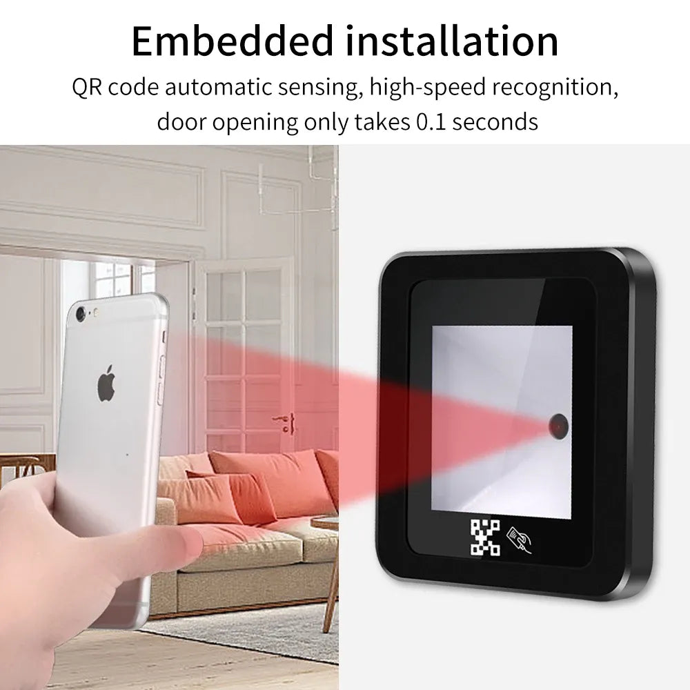 Embedded QR code access reader installed on wall with card scanning