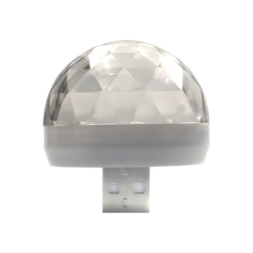 Mini USB LED disco ball light with a clear, faceted plastic dome on a silver base for portable party lighting.