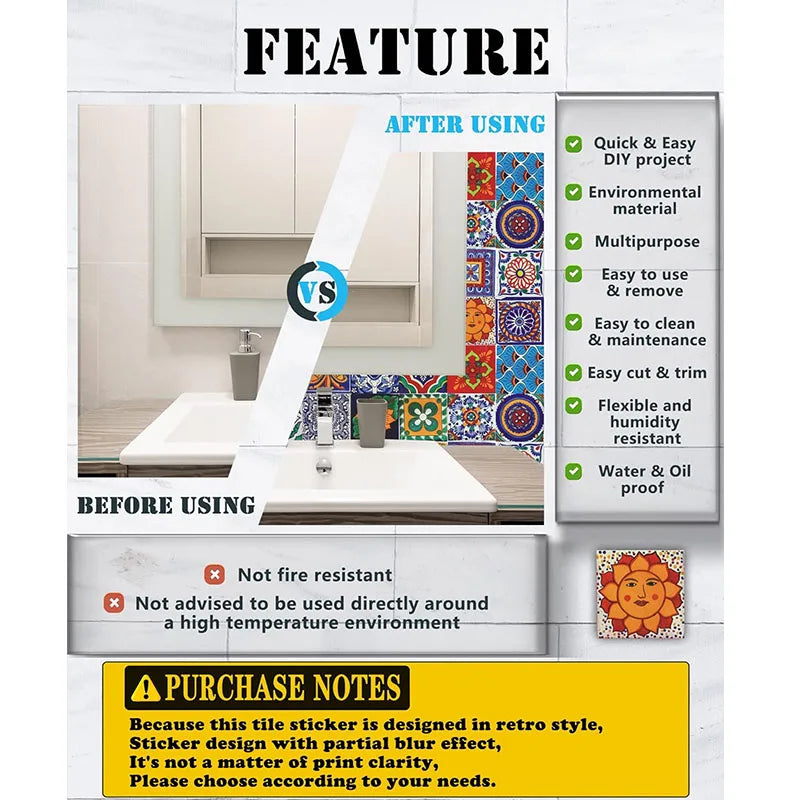 24pc Tile Stickers 4x4in Peel and Stick Backsplash Bathroom Waterproof Tile Stickers Colorful Mexican Tile Stick Home Decor