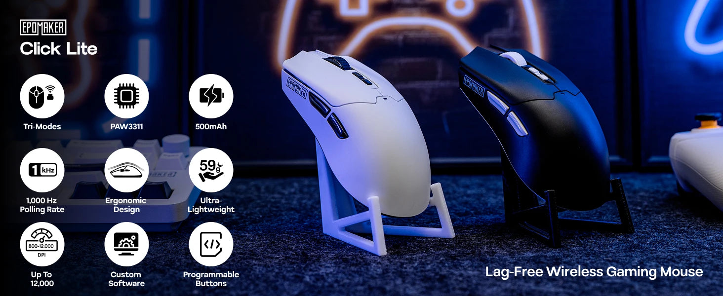 EPOMAKER Click Lite Tri-mode Wireless Ergonomic Contours Gaming Mouse with PAW3311 Sensor & 800–24 000 DPI for Gaming