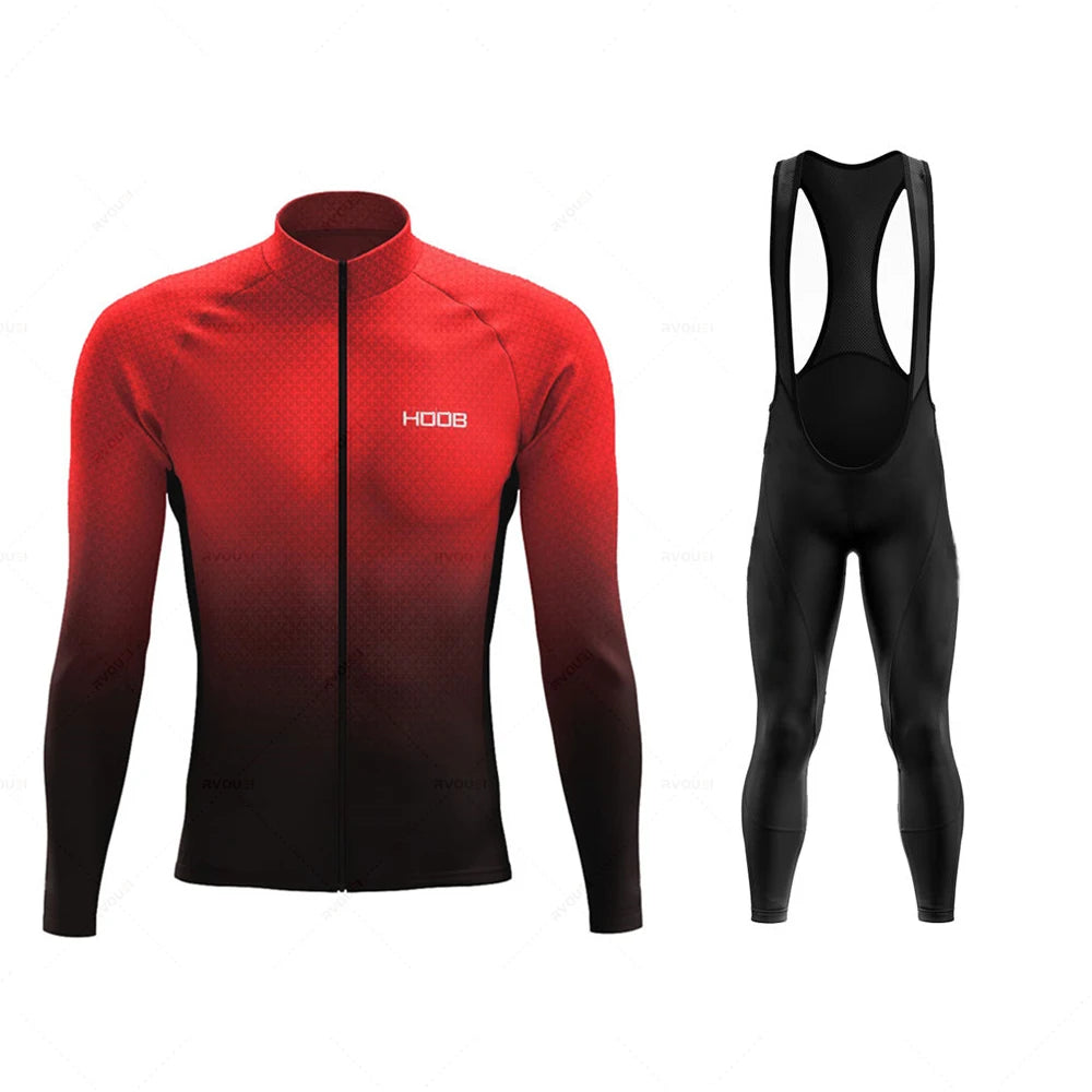 Tidesmit red to black gradient long-sleeve cycling jersey and black thermal fleece bib tights set.