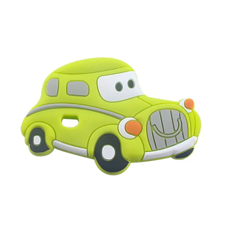 Green silicone car baby teething toy for relief.