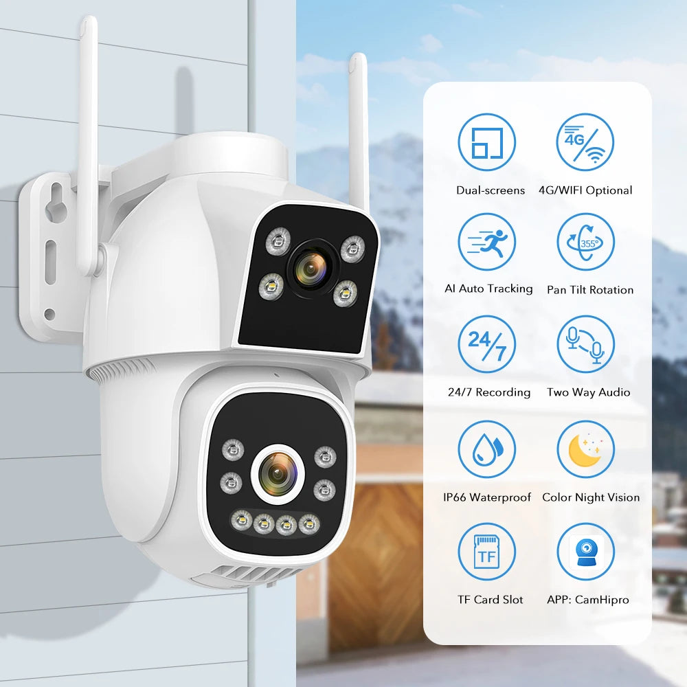4MP 4G Wifi Surveillance Camera AI Auto Tracking Color Night Vision Two Way Audio Outdoor Dual Lens Dual Screen PTZ Security Cam