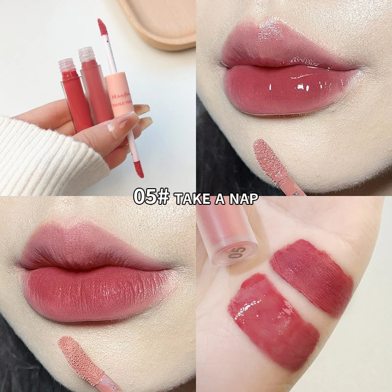 Double-headed lip gloss in Take A Nap: waterproof, long-lasting matte and glossy velvet finish in rose pink.
