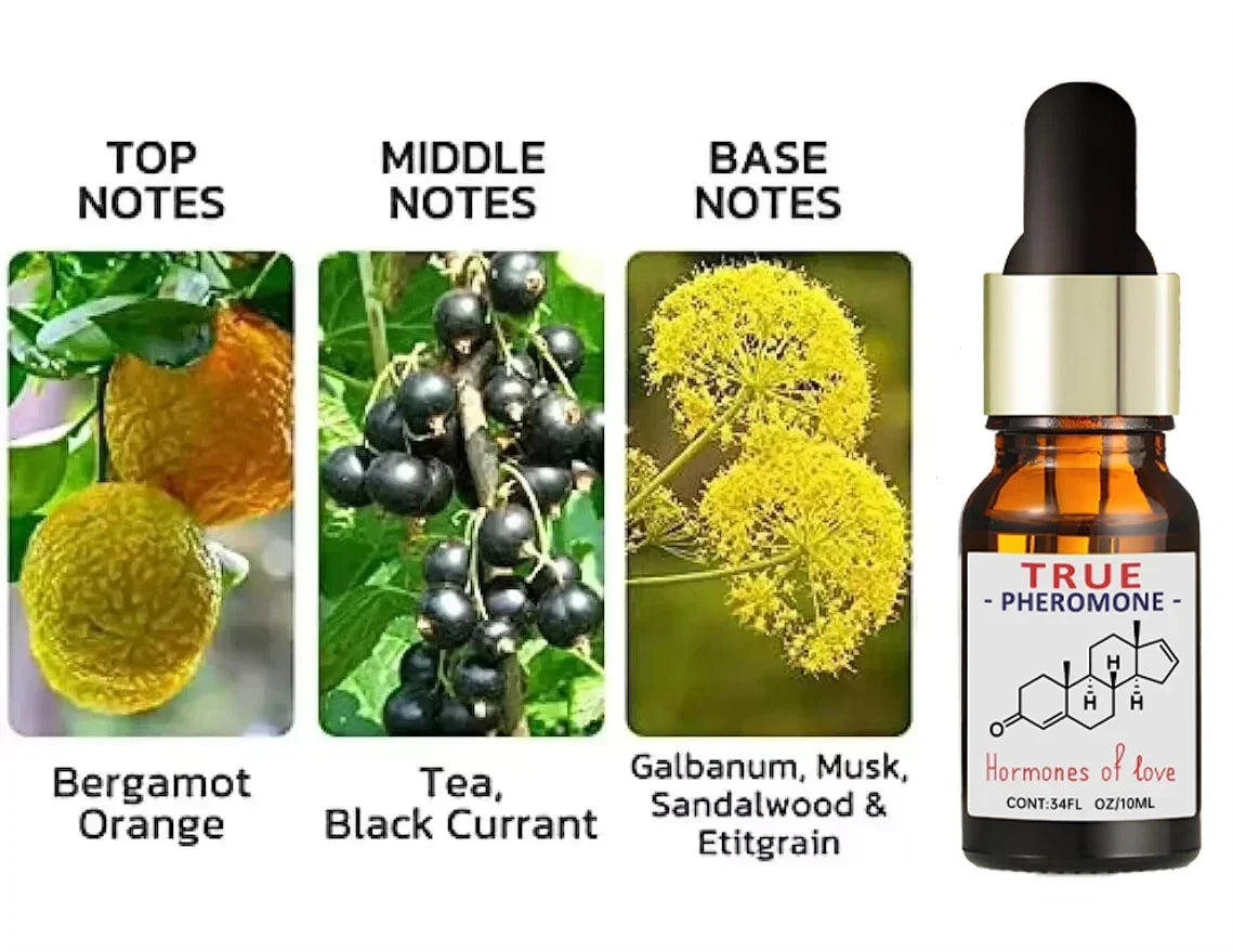 True Pheromone essential oil dropper bottle. Bergamot, black currant, musk, sandalwood notes. Long-lasting unisex scent.