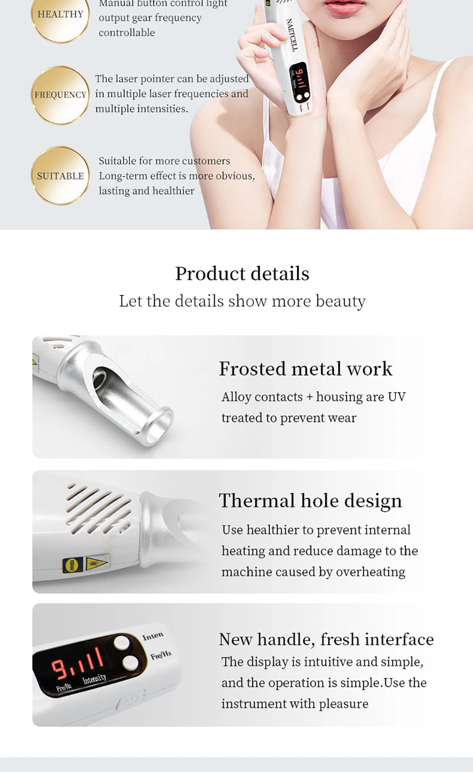 Picosecond laser pen for facial skin, tattoo, scar, and spot removal with adjustable frequency and LED display.