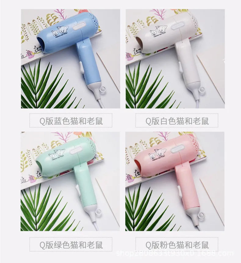 Foldable mini hair dryers in blue, white, green, and pink with cute cartoon cat prints, high power and ionic tech.