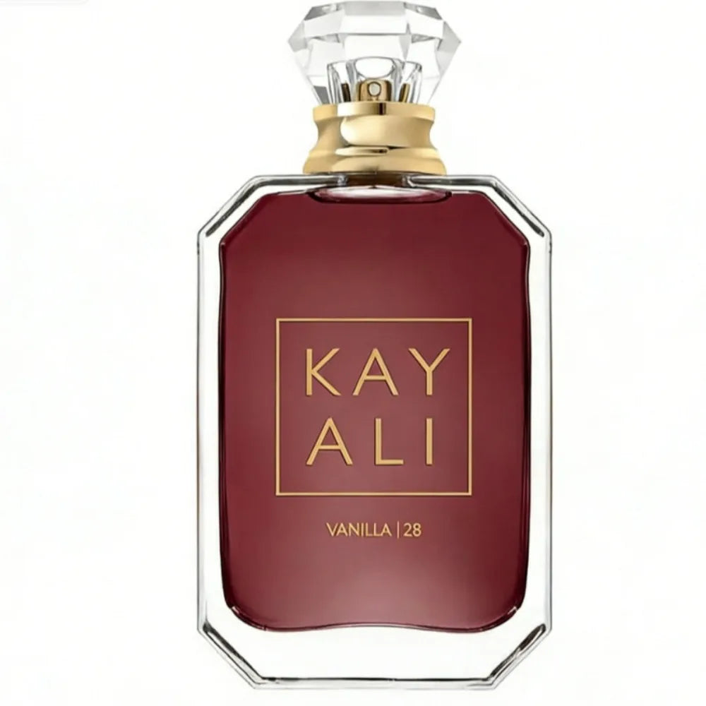 Kayali Vanilla 28 unisex EDP perfume in a rectangular glass bottle with gold cap, featuring rich vanilla scent notes.
