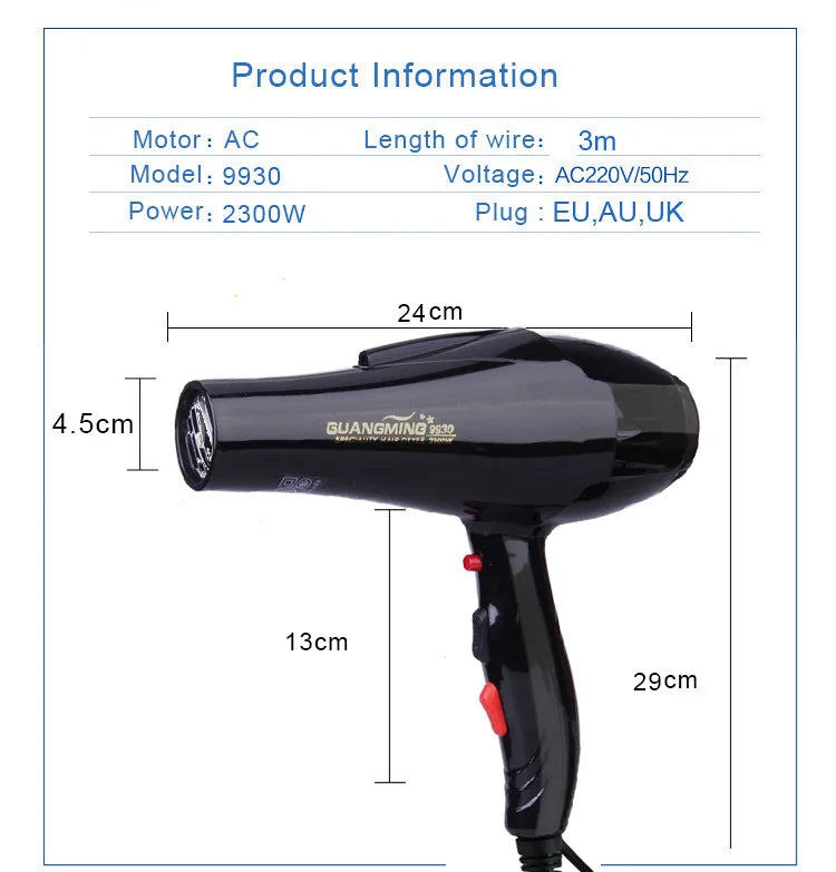 Black 2300W professional salon hair dryer with 3m cord, ergonomic design, and AC motor for powerful styling.
