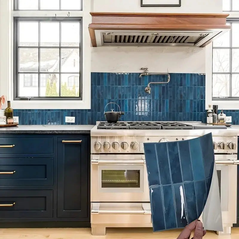 Self-adhesive tile backsplash sticker sheet, glossy blue square grid