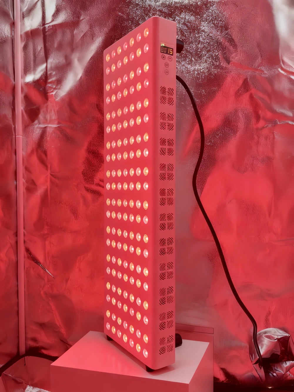 Red light therapy panel for face and body with LED infrared anti-aging and pain relief technology.
