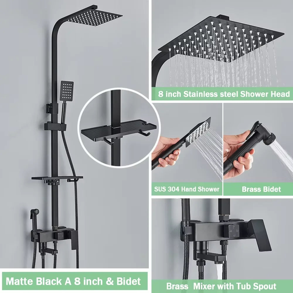 Rainfall Bathroom Shower Faucet Kit With Bidet Wall Mounted Stainless Steel Hot Cold Water Mixer Tap System With Rack,Tub Spout