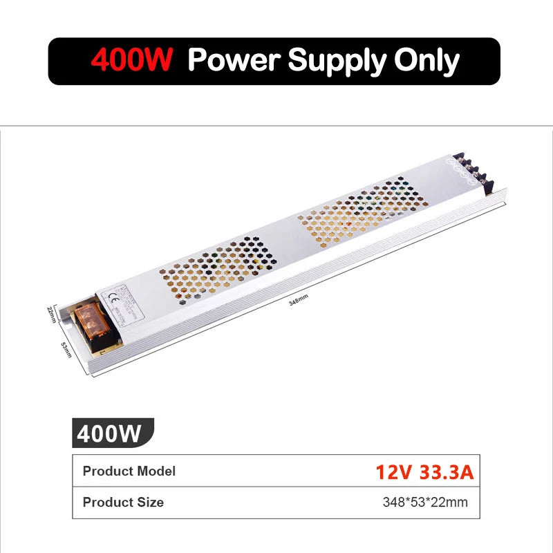 400W DC12V LED power supply module with model size and current specifications