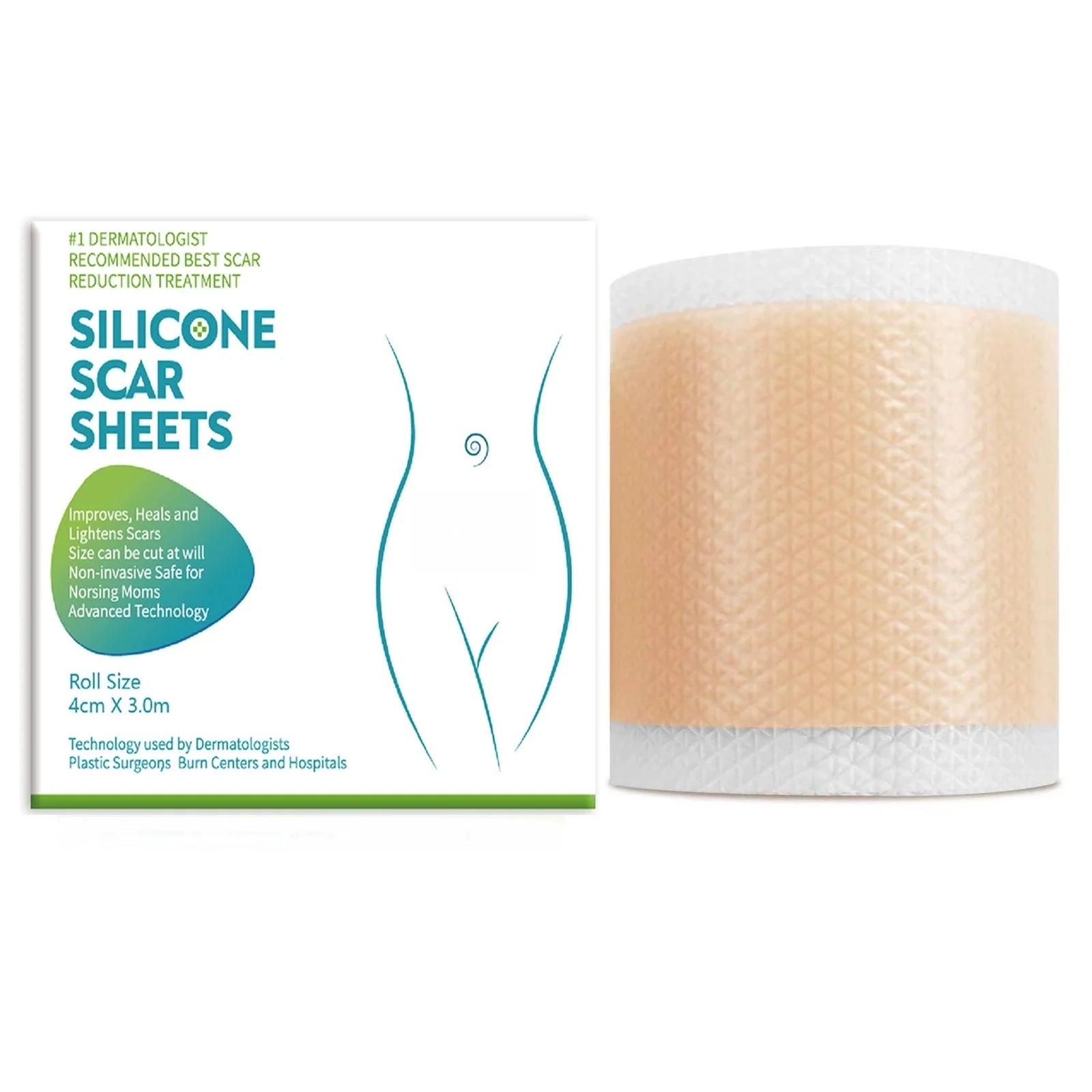 4cm x 3m silicone scar sheet roll for stretch mark and scar treatment in beige, reusable adhesive skin care tape.
