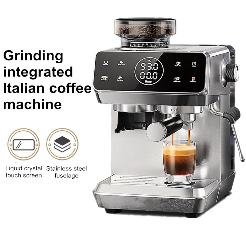 Stainless steel Italian espresso machine with integrated grinder, touch screen display, and steam wand.