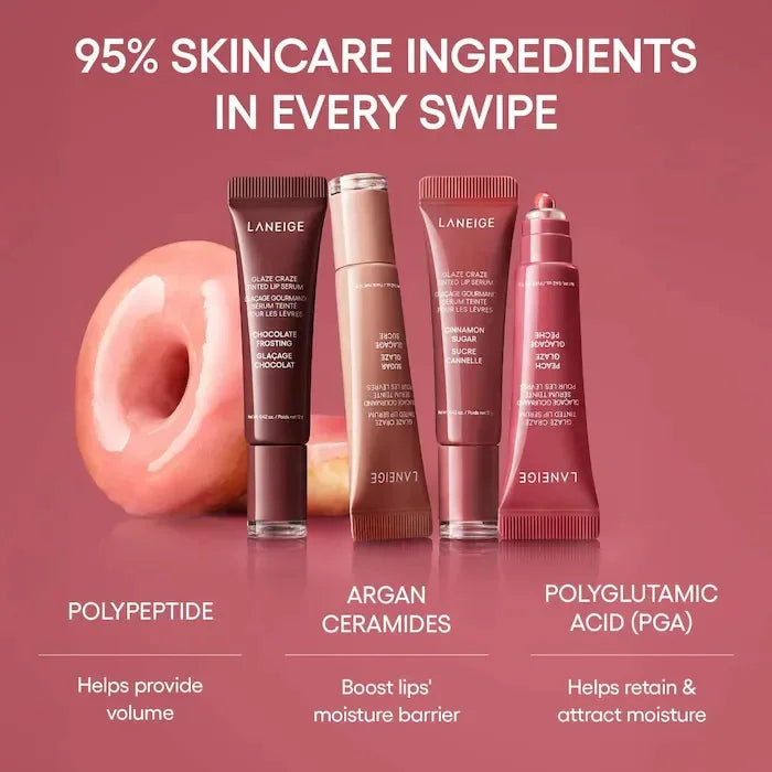 Laneige Glaze Craze tinted lip serum tubes featuring plumping, moisturizing, and glossy shades with a donut icon.