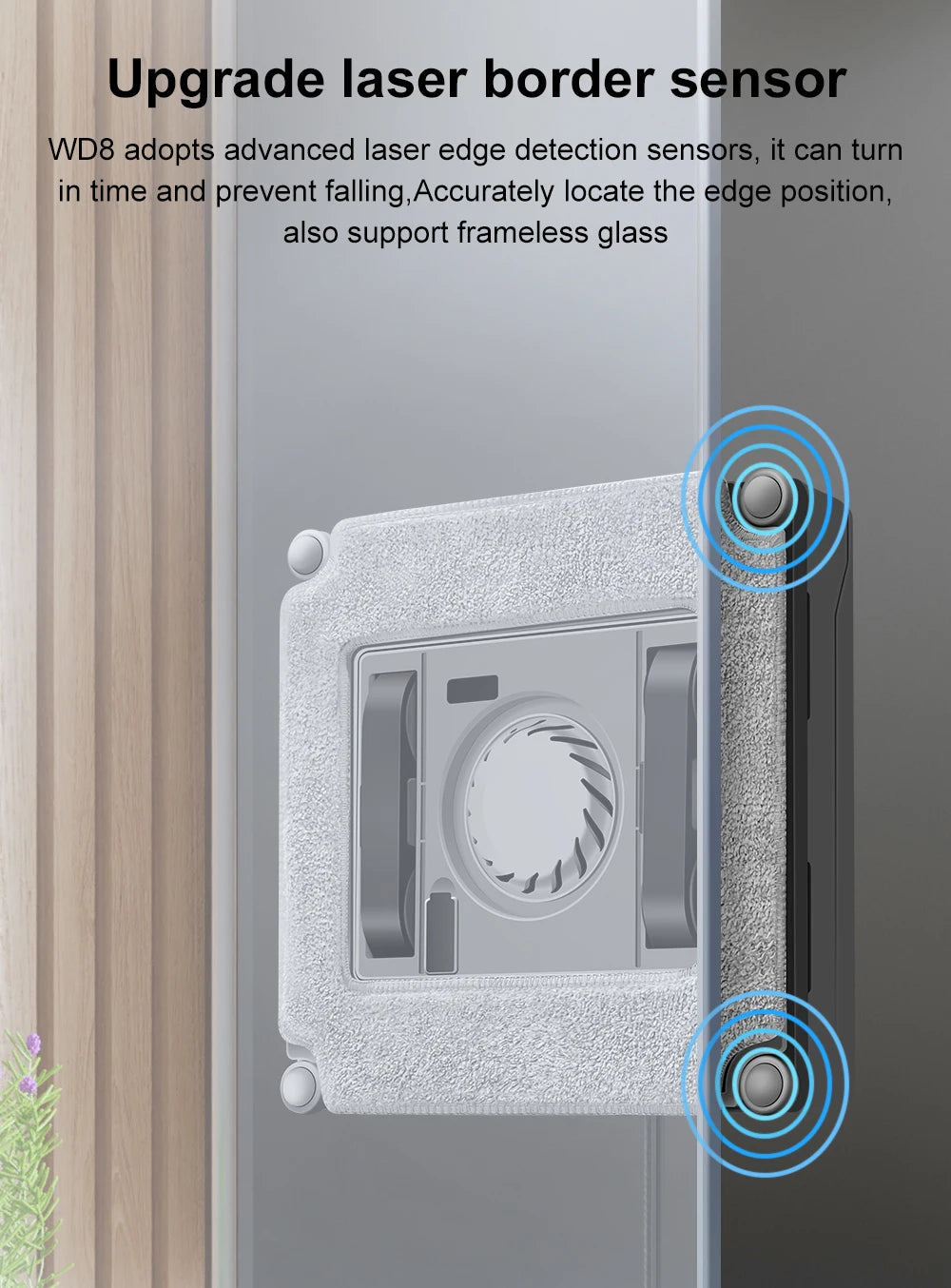 Tidesmit ABIR WD8 smart window cleaner robot showing dual spray system and laser sensor glass cleaning technology
