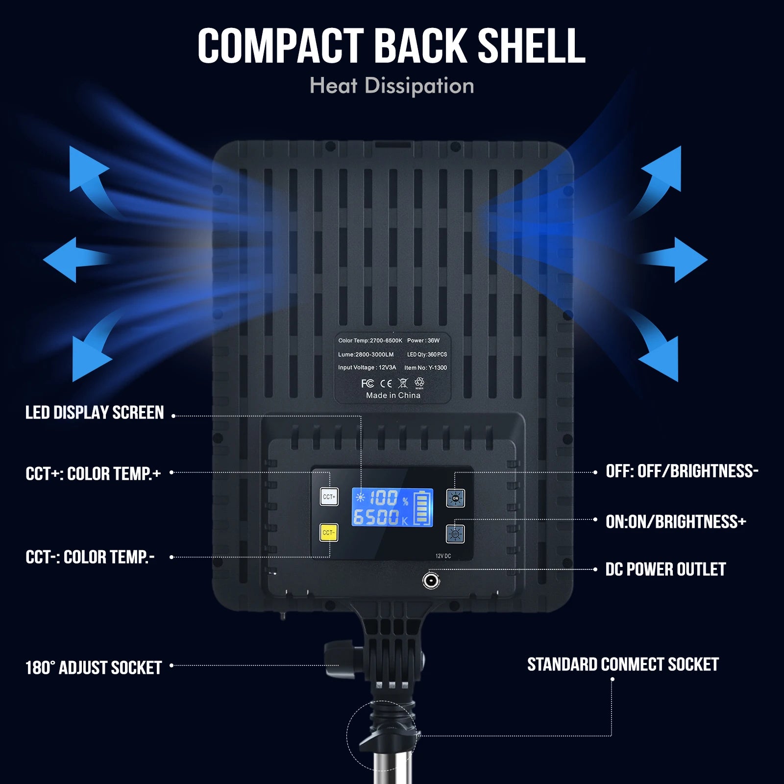 Black square LED light panel with heat-dissipating vents, digital control screen, and adjustable mounting socket.