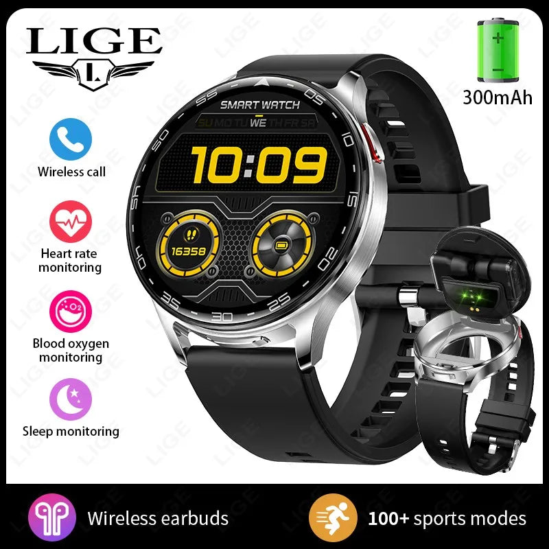 Black smartwatch with black silicone strap and wireless earbuds in charging stand