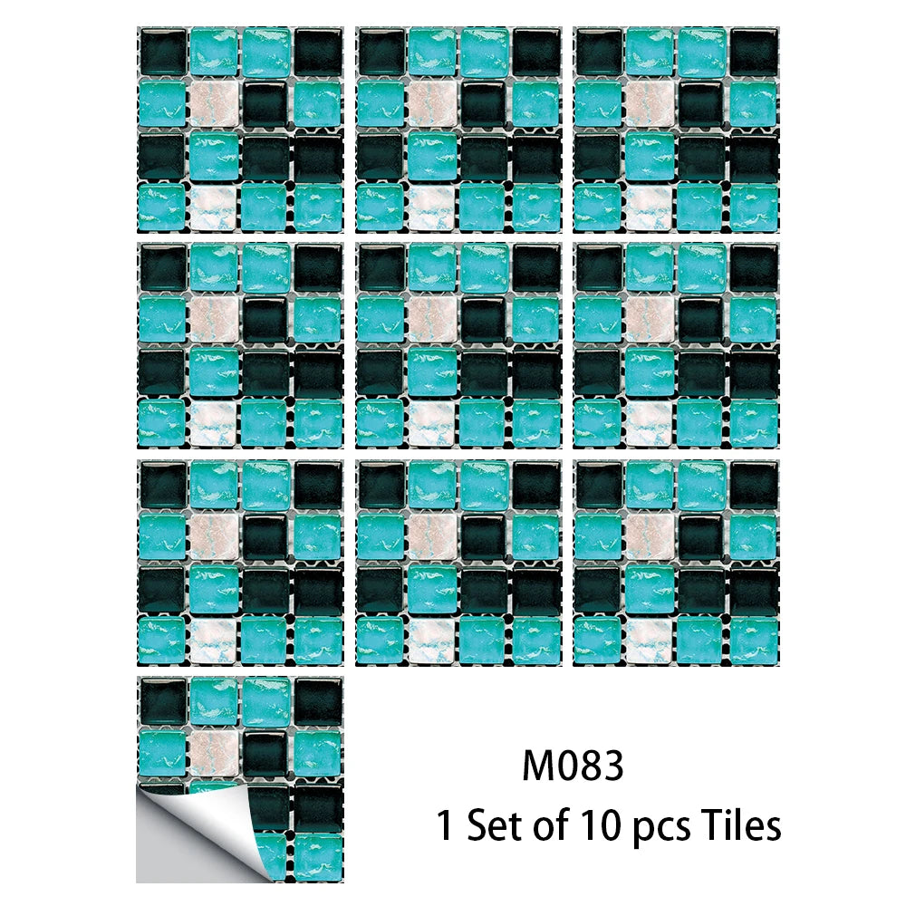 Turquoise mosaic tile sticker set with glossy square tiles, waterproof peel-and-stick film (10 pcs)