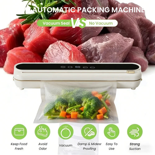 White vacuum food sealer machine with black sealing channel and gold latch, sealed produce bags