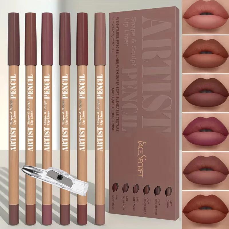 7-piece matte lip liner set with pencil sharpener in assorted nude and mauve shades for a long-lasting velvet finish.