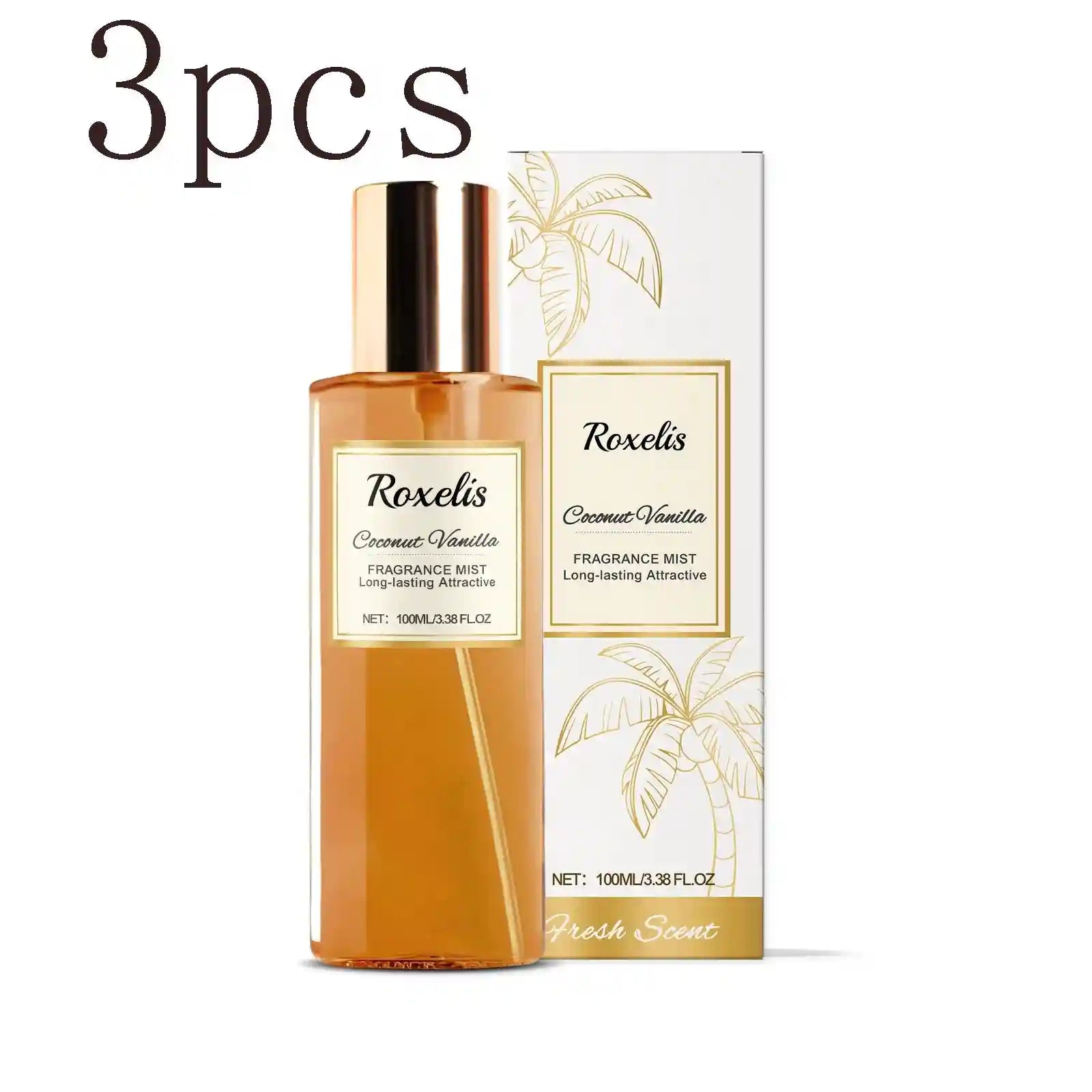 Roxelis Coconut Vanilla body mist, 3pcs set. Cylindrical glass bottle, long-lasting fresh niche fragrance for women.