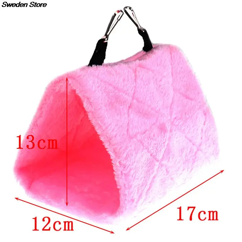 Soft pink plush hanging hammock bed for hamsters, birds, and small pets. Warm cozy sleeping nest for cage.