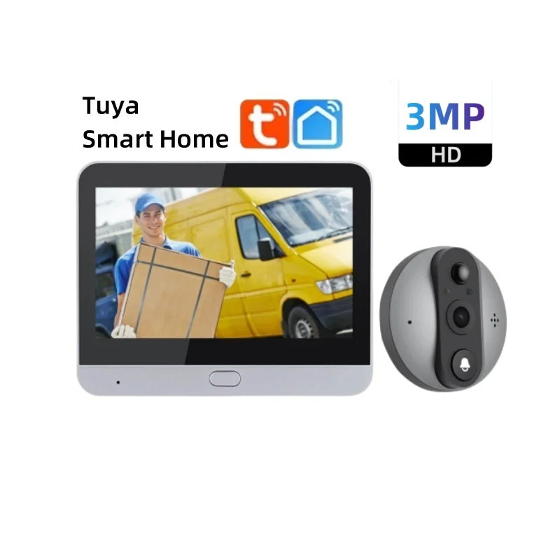 Wireless video doorbell camera with touchscreen monitor and gray doorbell unit