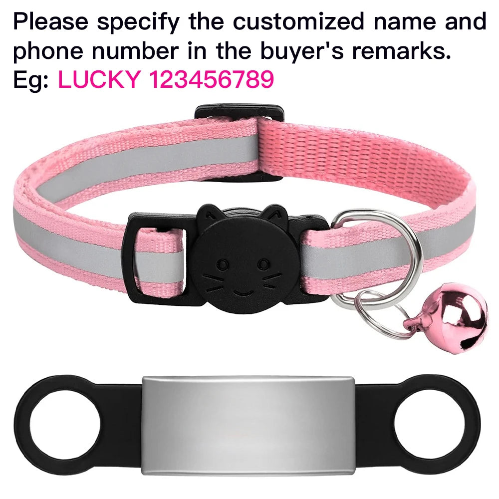 Pink reflective cat collar with custom ID nameplate, bell, and safety buckle for safe, personalized pet identification.
