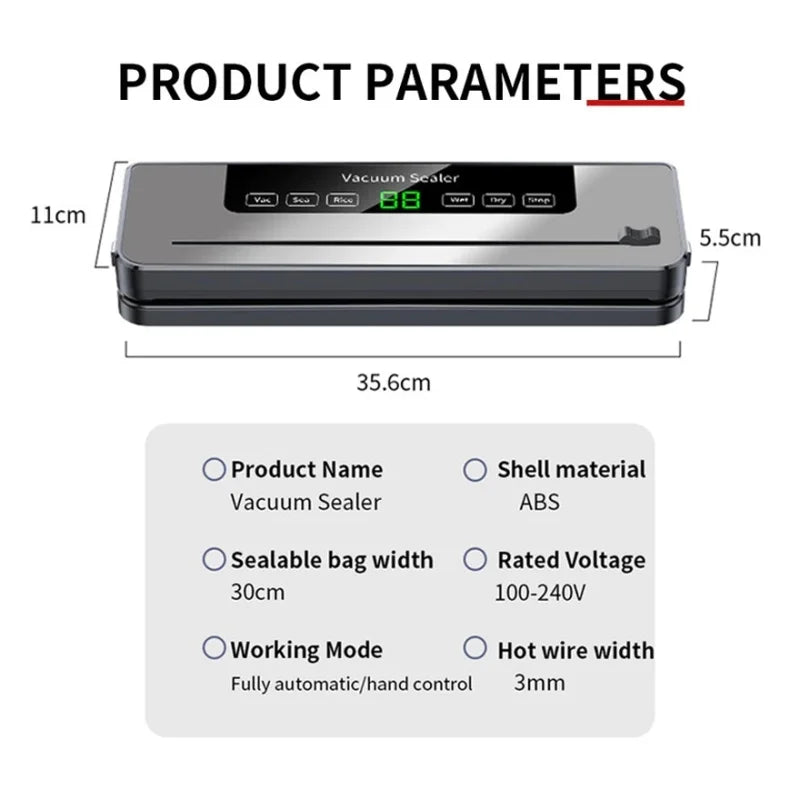 Electric Vacuum Sealer Food Storage Seal Touch Button Dry/Wet Built-in Cutter Kitchen Food Sealing Vacuum Packaging Machine