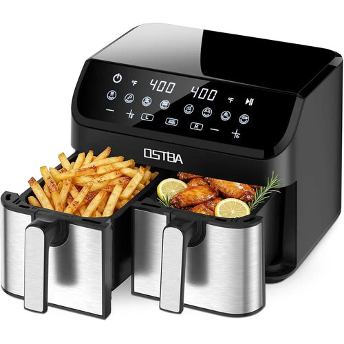 Dual air fryer with two stainless baskets, black body, fries and chicken inside