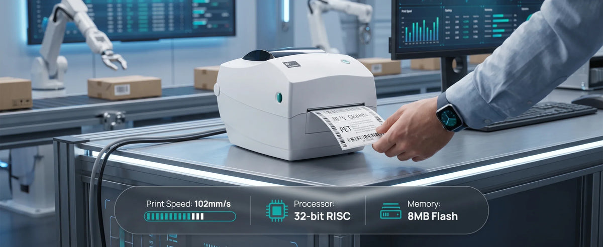 White desktop label printer with a hand holding a label for printing on a tabletop