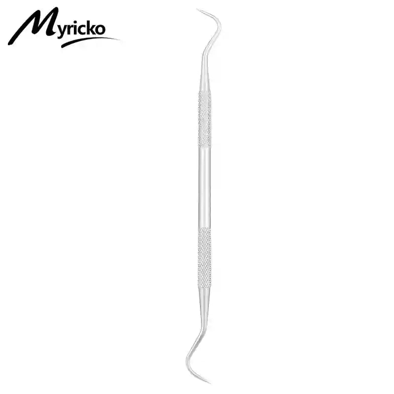 Double-ended silver stainless steel dental scaler with a textured grip for removing plaque and tartar.