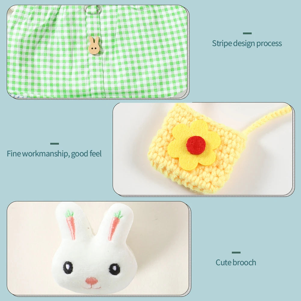 Green plaid bunny vest harness, floral bag, and brooch set for small pets like rabbits and guinea pigs. Stylish outdoor.