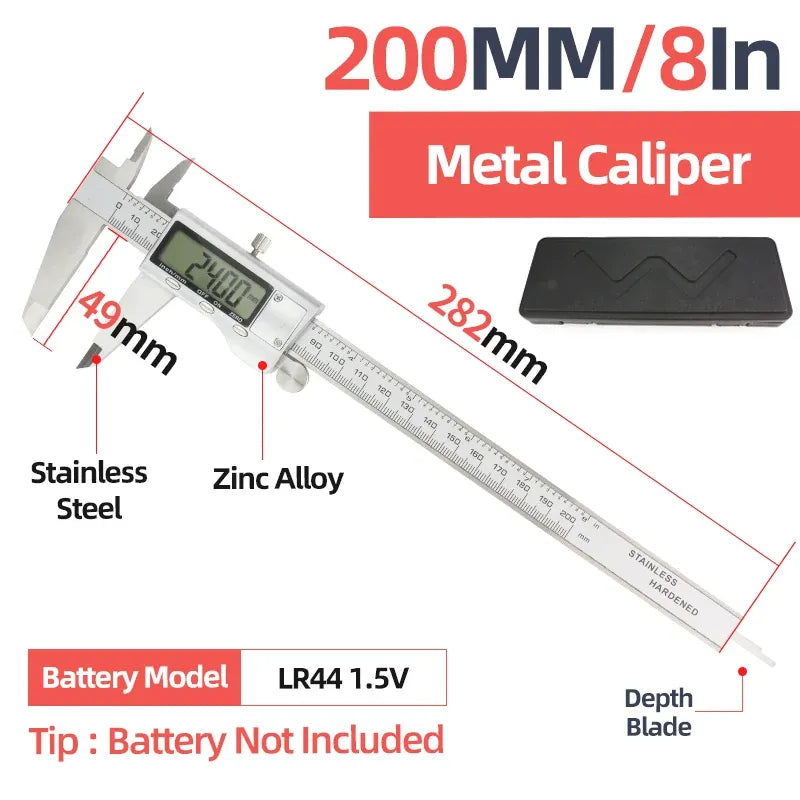 Metal caliper with LCD display, stainless steel scale, and depth blade with protective cover