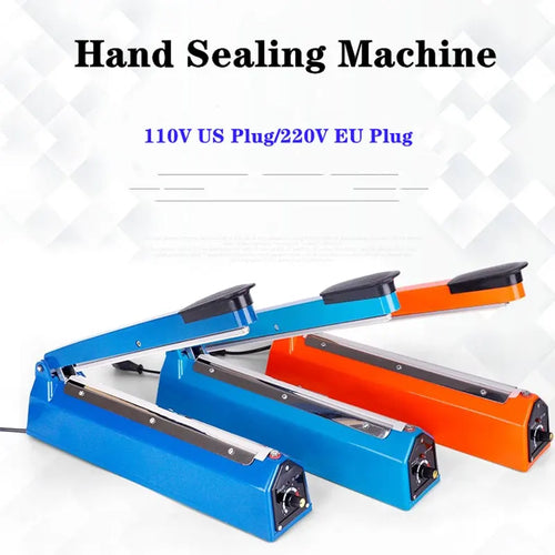 Manual hand sealing machine with blue base and orange sealing unit, two units shown