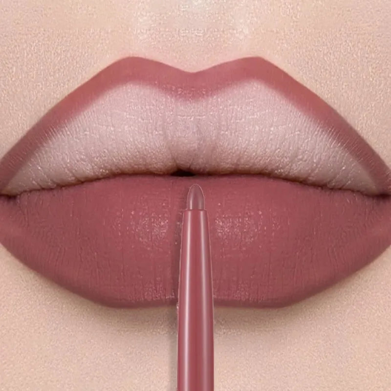 Long-lasting matte lip liner pen in dusty rose, creating a smooth, velvet, waterproof finish on defined lips.