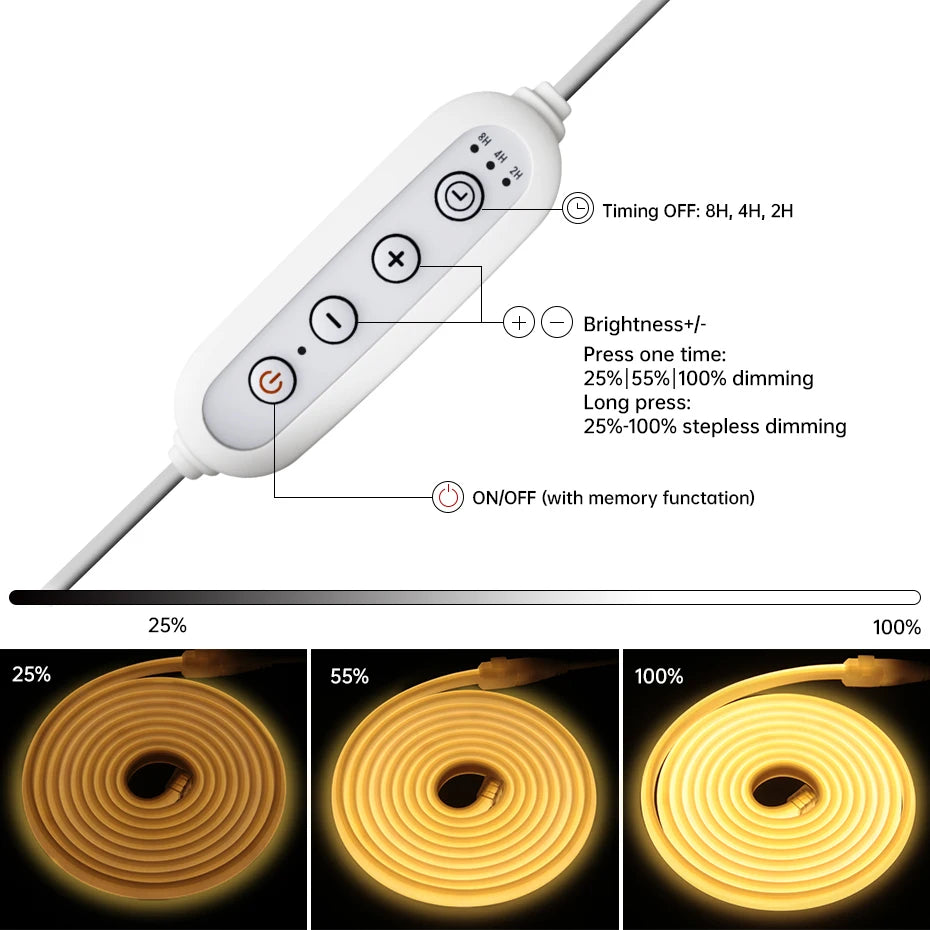Self-adhesive 220V COB LED Strip 288LEDs/m IP65 Waterproof 1m-25m Length with Timing Dimming Switch EU/AU/UK Plug for Lighting