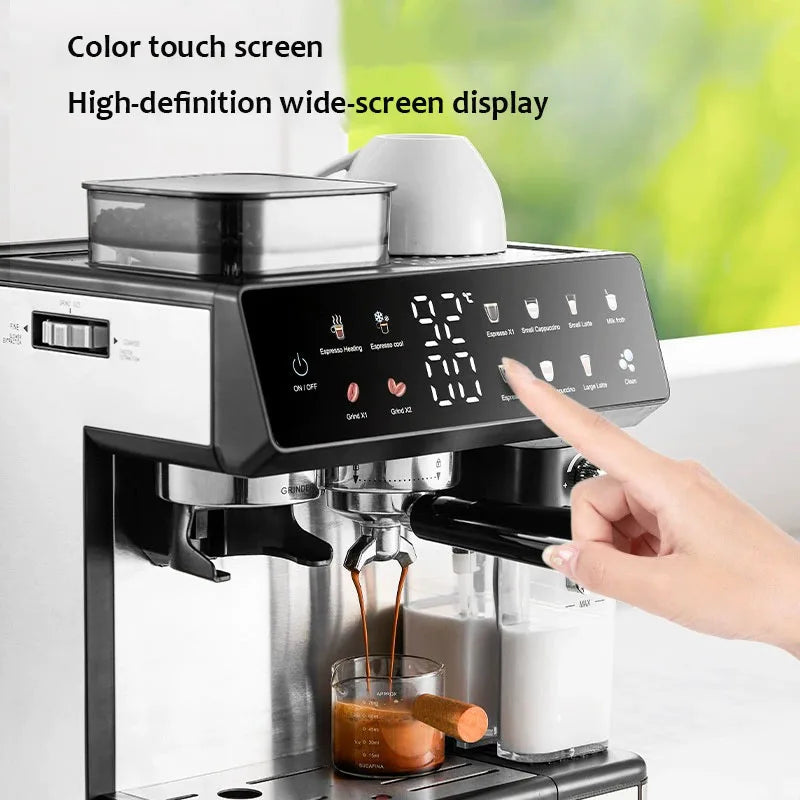Stainless steel espresso machine with color touch screen, grinder, milk frother, and digital display brewing coffee.