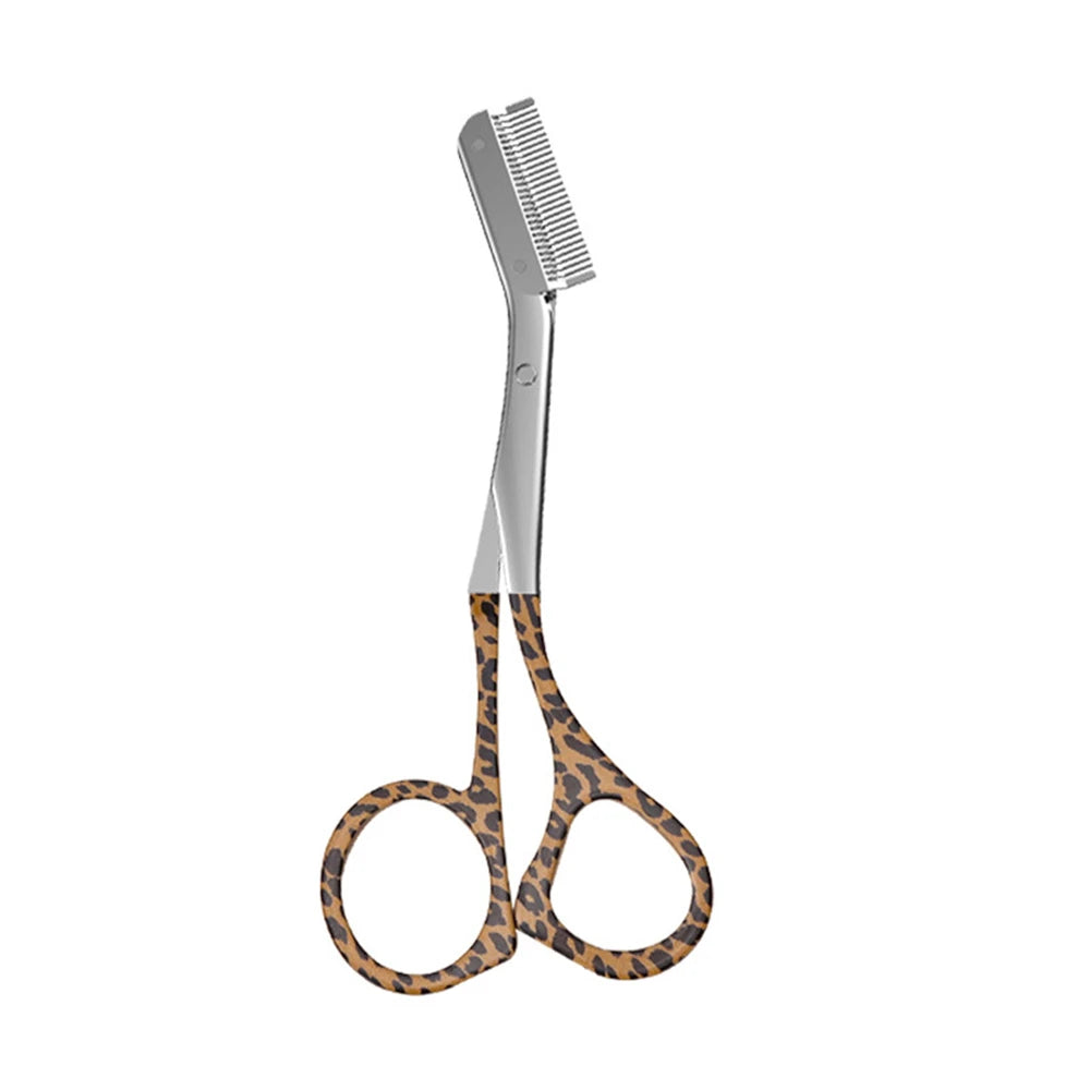 Professional stainless steel eyebrow trimmer with a stylish leopard print handle and built-in grooming comb.