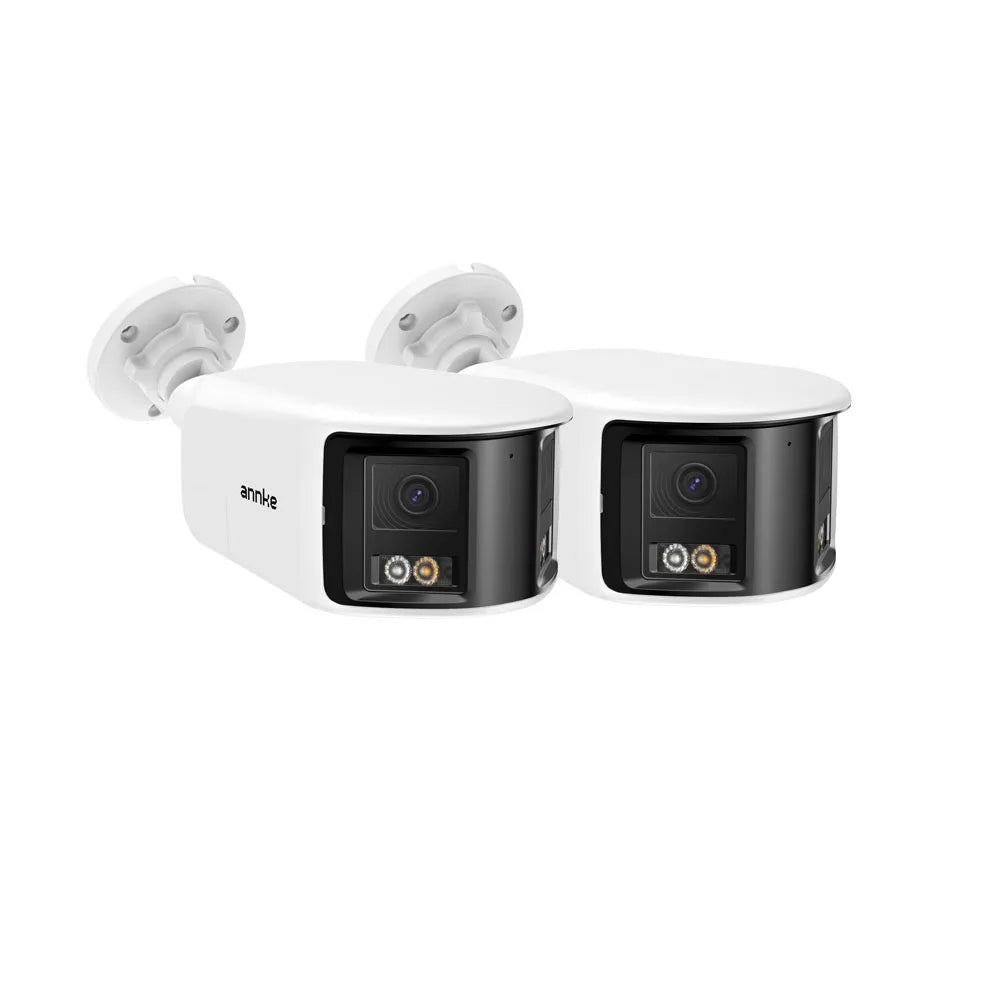 Two white dual-lens outdoor security cameras with wall mounts